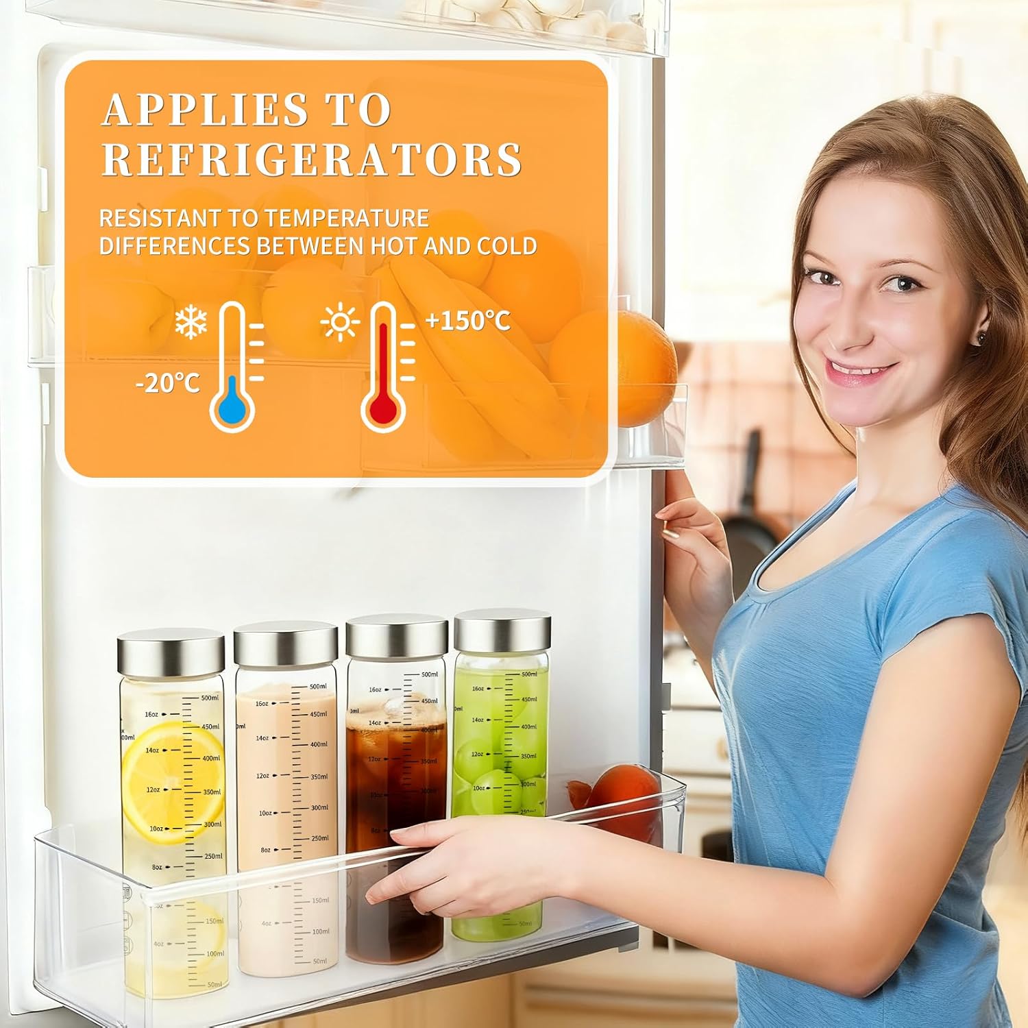 Glass Juice Bottles 16 Oz, Wide Mouth Reusable Clear Glass Water Bottles with Graduations 100% Leak Proof Stainless Steel Lids, BPA Free, Fits in Cup Holder Juice Containers Set of 4