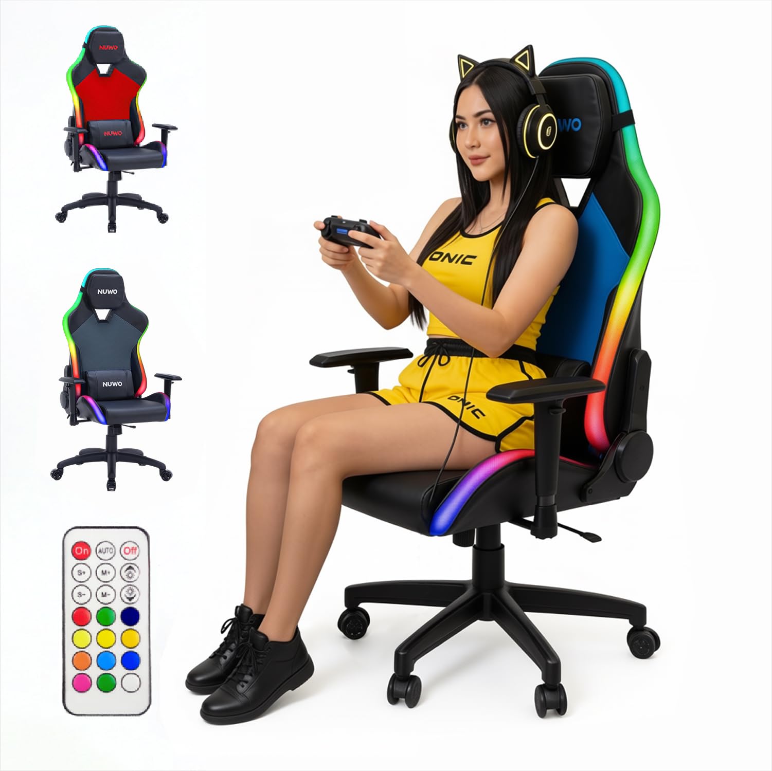 Nuwo Sedia Gaming LED RGB Ergonomica in Tessuto Traspirante | Reclinabile 180° | Struttura in Acciaio 150Kg | Braccioli 2D | Supporto Lombare e Cervicale | Sedia PC Gaming e Ufficio