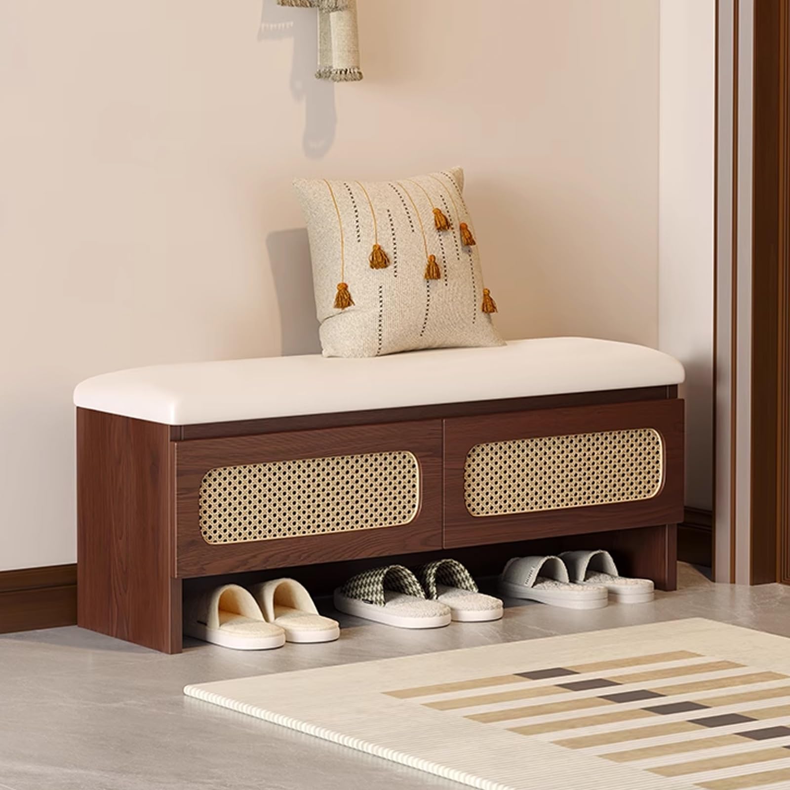 Banc d'entrée en bois pour couloir et salon avec assise rembourrée et étagère