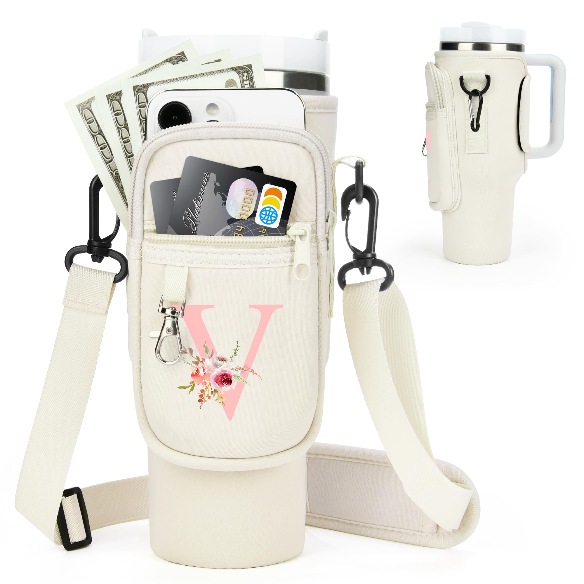 Bolsa de transporte para botella de agua con inicial A-Z con correa para vaso Stanley de 40 onzas, soporte para botella de agua con bolsillo para accesorios de taza Stanley, regalo personalizado del