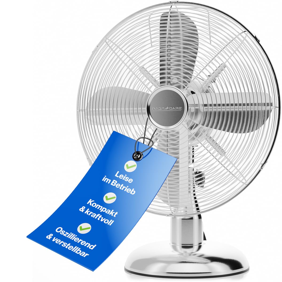 ProfiCare PC-VL 3063 M Ventilatore, oscillante, inclinazione regolabile, funzionamento silenzioso, metallo cromato, diametro circa 30 cm.