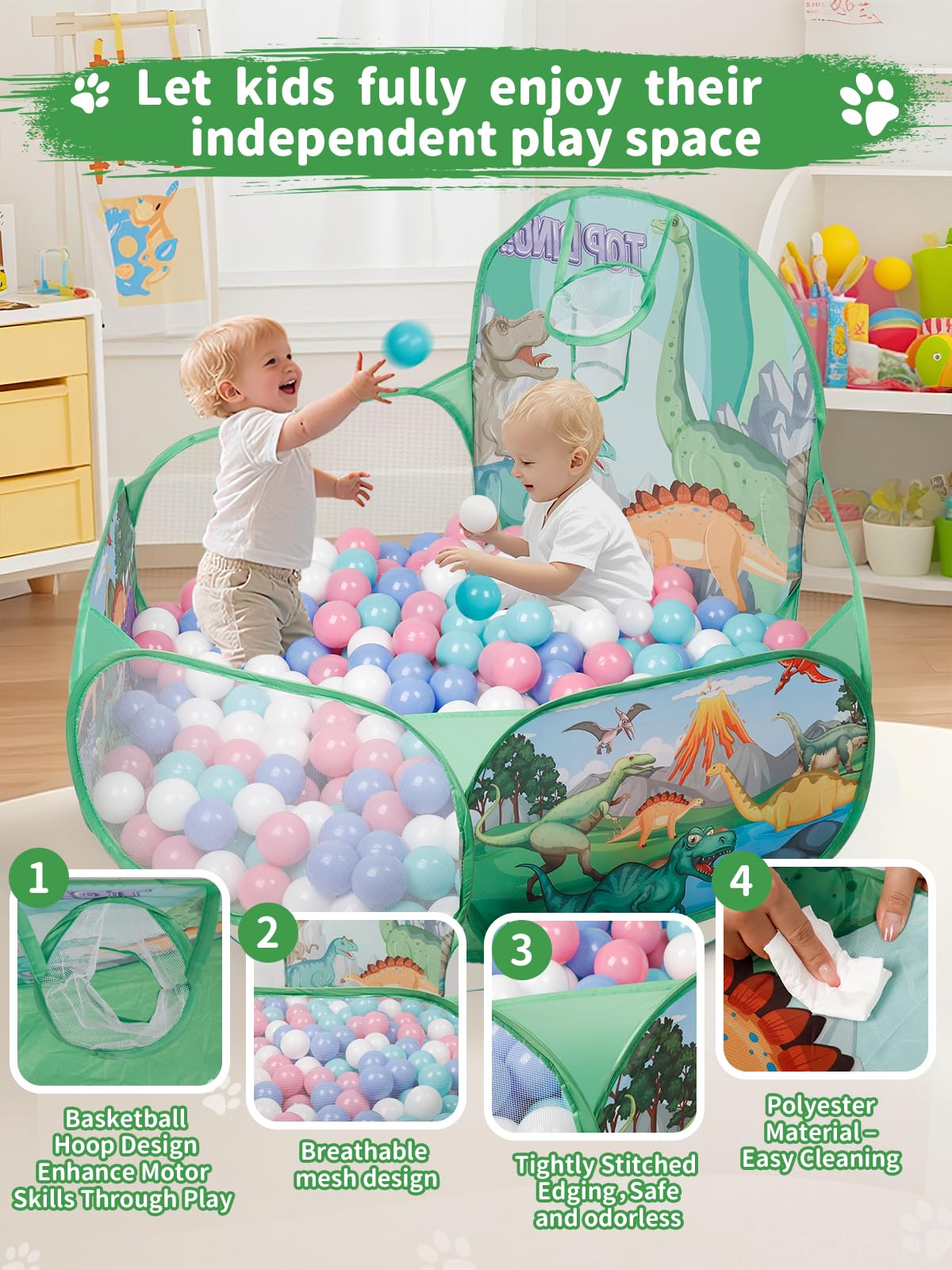ZimiTeda Dinosaur Kids Ball Pit for Toddler with Basketball Hoop Foldable Pop-Up Baby Ball Pool for Girls Boys Indoor Outdoor Game Dog Ball Pit 120 cm Wide Plyahouse Tent (Balls NOT Included) - Image 3