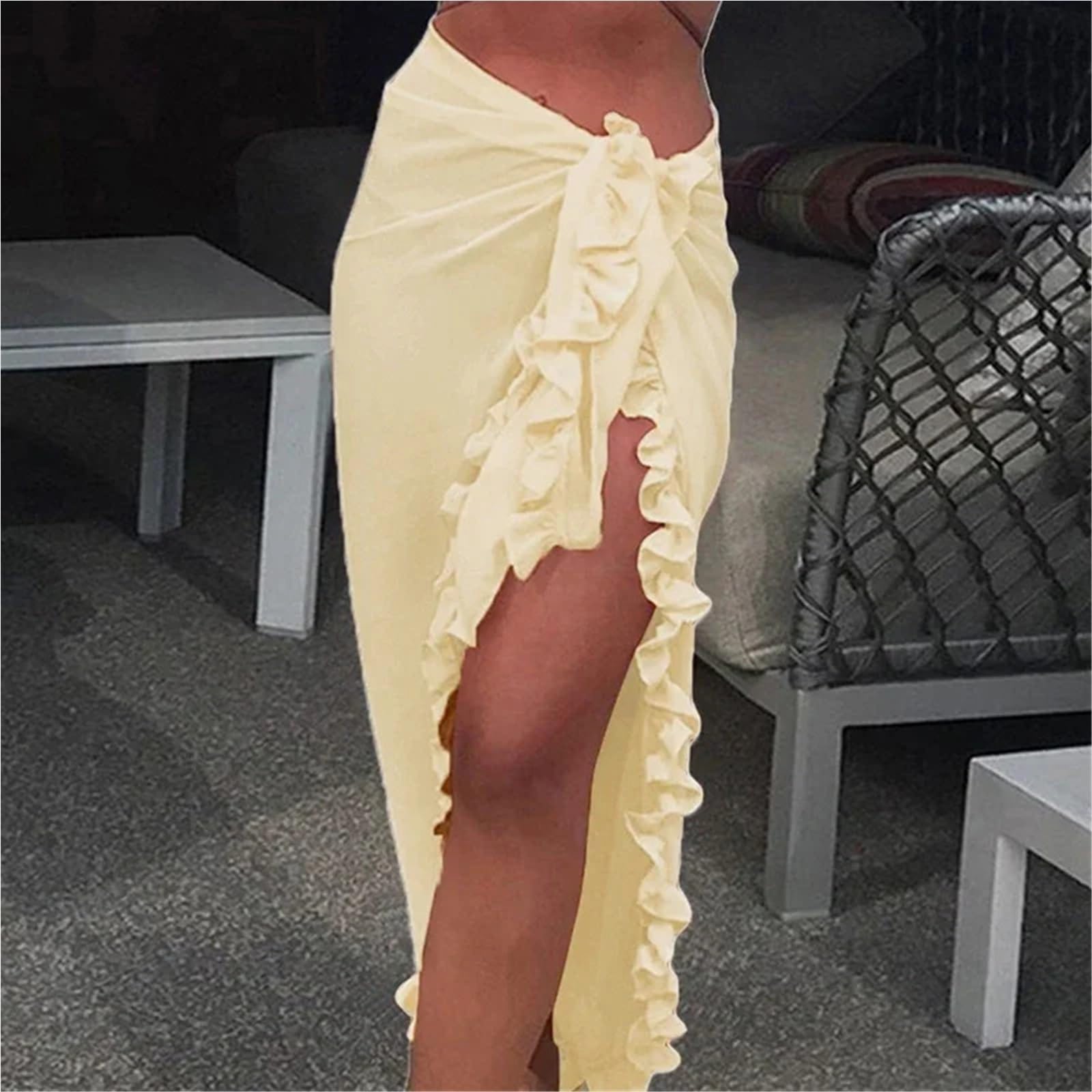 Damen Strand Bikini Cover Up Wickelschal Bademode Kleid Feste Rüschen Lässiges Strandkleid for Das Meer Für Urlaub