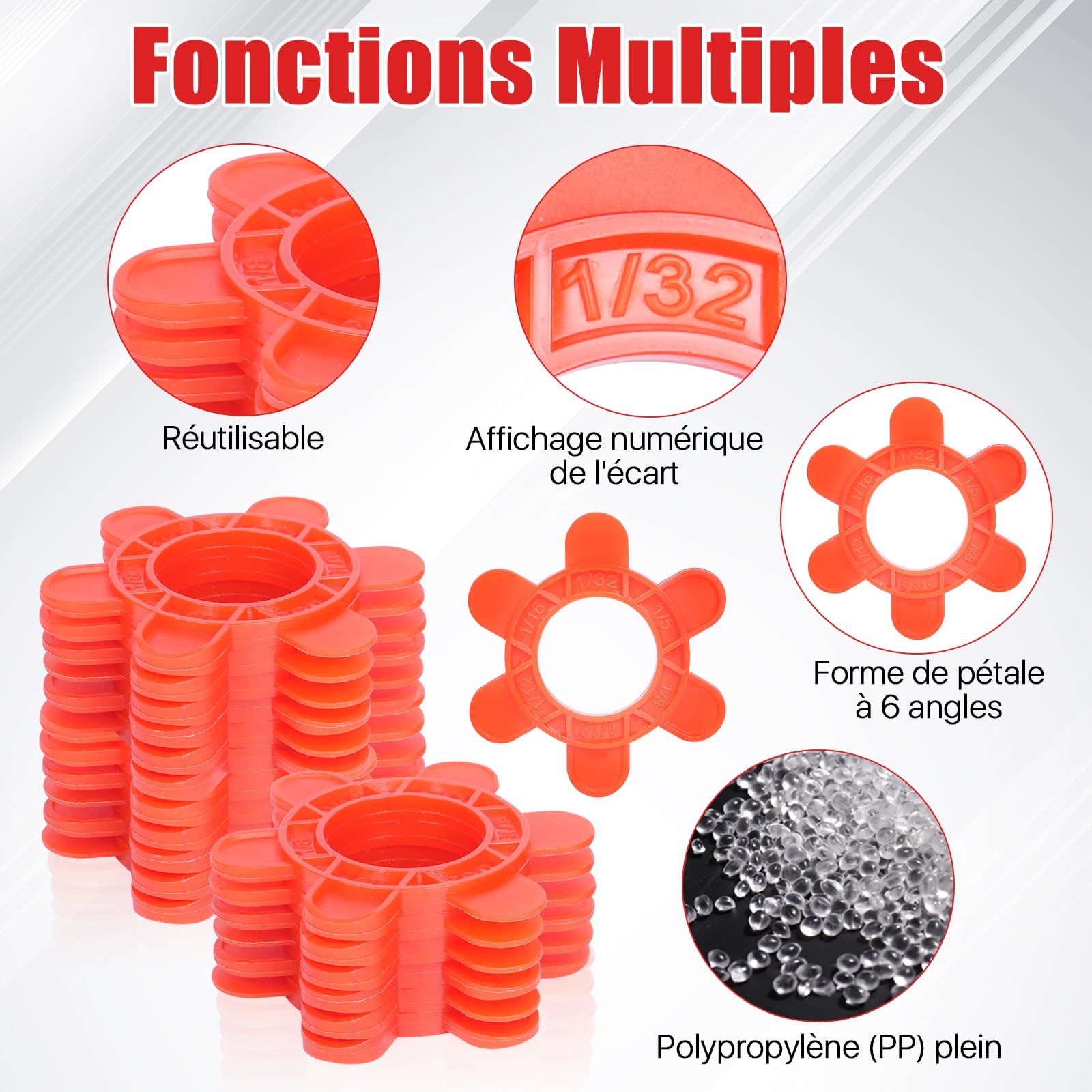 400 piezas hexagonales para azulejos, 6en1, reutilizables, de varios tamaños(1mm 1.5mm 2mm 2.5mm 3mm 5mm) para profesionales y bricolaje, ideales para suelos, paredes y cocinas(400piezas, rojo)