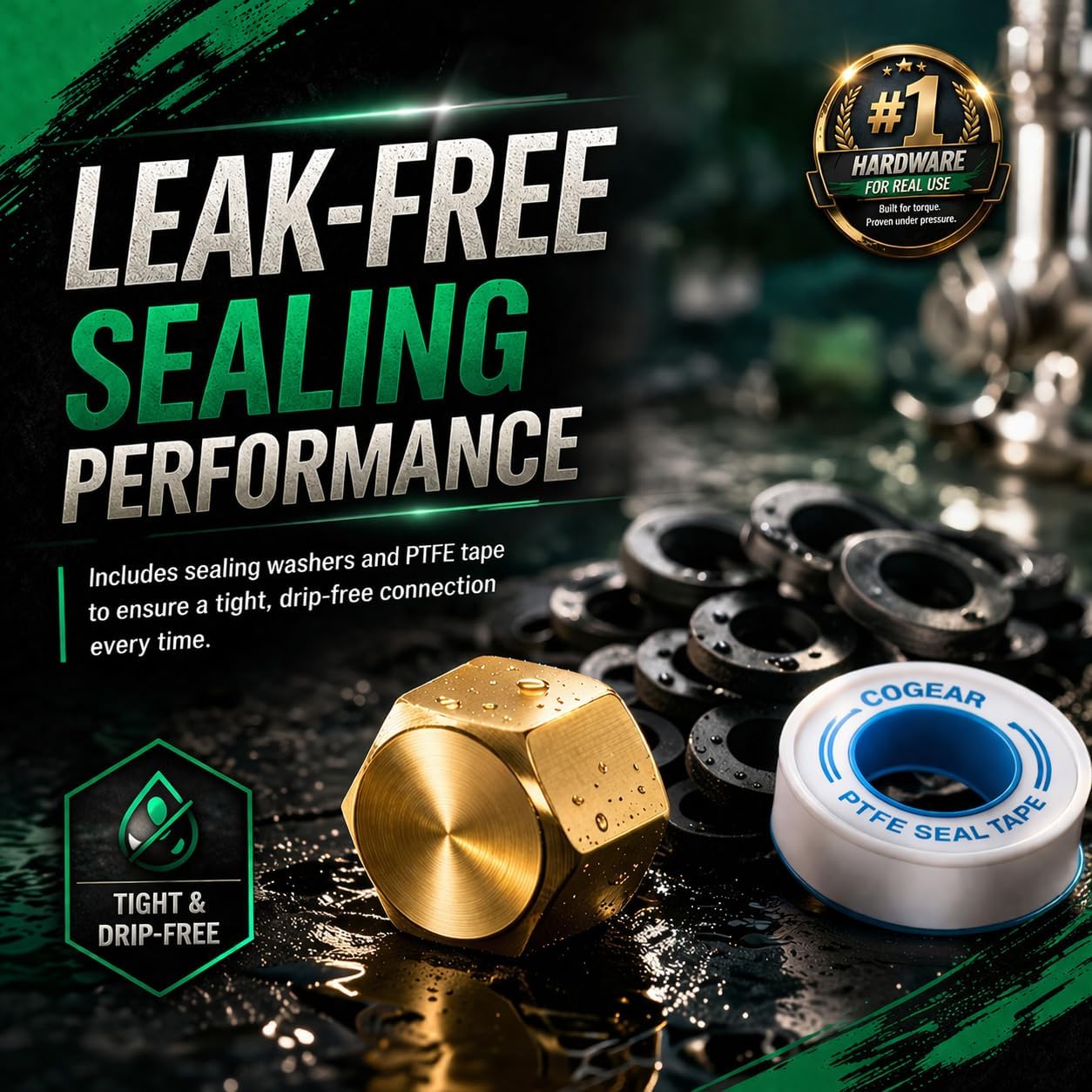 100 Pack 3/8 Inch Brass Compression Cap Stop Valve Cap Flare Tube Gas Line cover Pipe Fittings Brass Compression Fitting with Leak-proof Gaskets and Tape, Well-sealed (100Pcs)