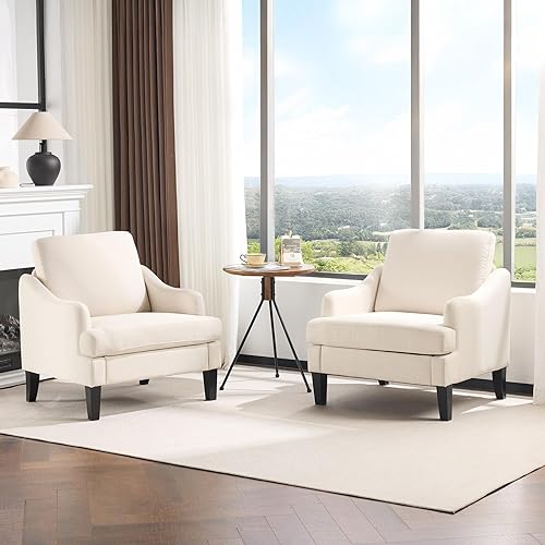 VINGLI Linen Fabric Accent Chairs Set of 2, Beige Modern Upholstered Armchair, Comfy Sofa Chair Living Room Bedroom Furniture for Apartment