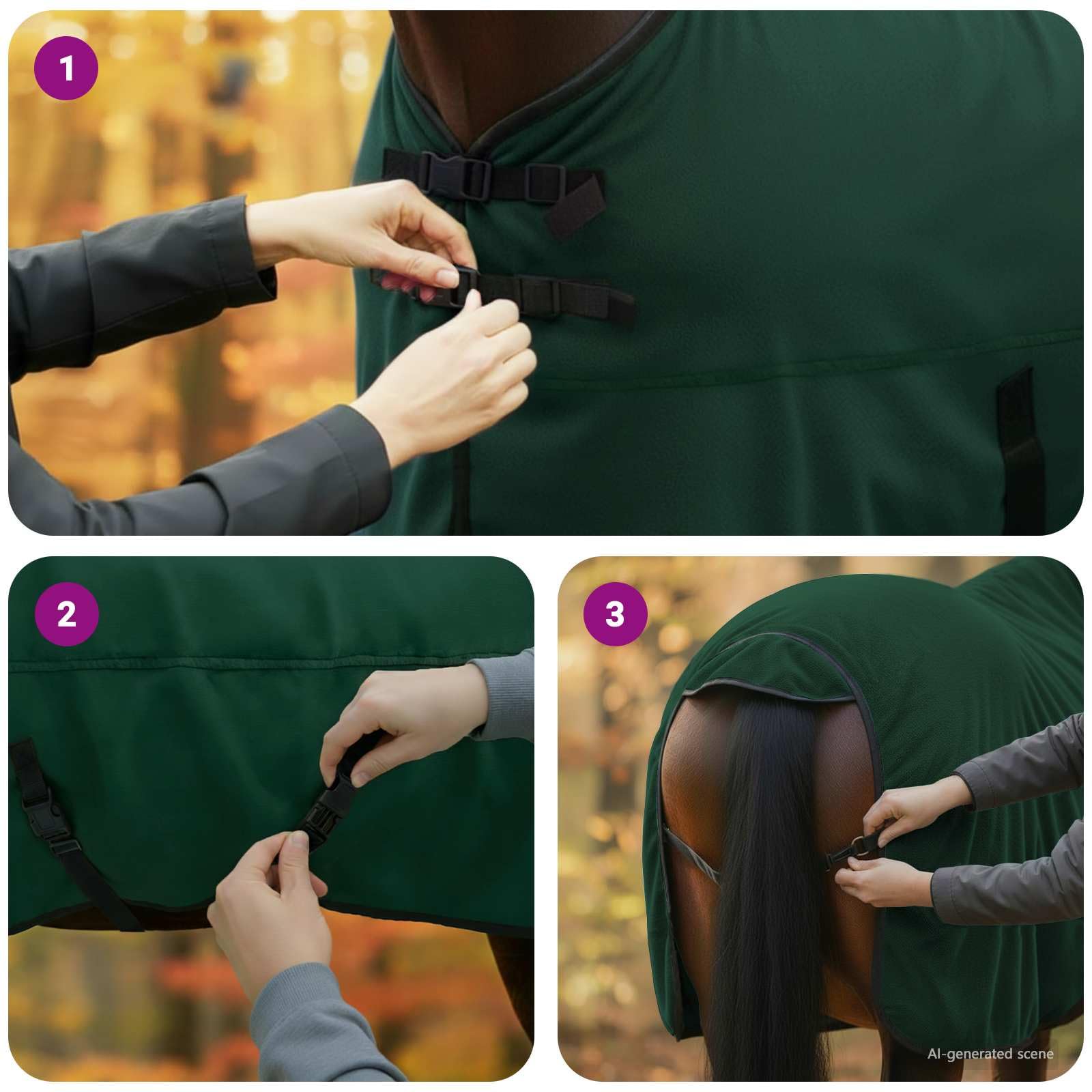 Manta para caballo verde oscuro de 125 cm de poliéster con forro transpirable, impermeable, con cinturón abdominal y cierre de pecho para establo, pasto y transporte
