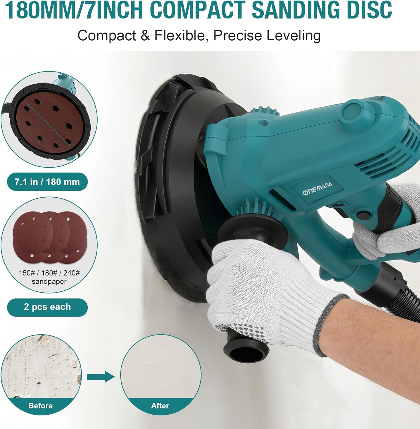 Drywall Sander, 750W Electric Drywall Sander with Vacuum Dust Collection, Variable Speed 1500–2700 RPM Wall Sander with 180mm Sanding Disc & Complete Accessories
