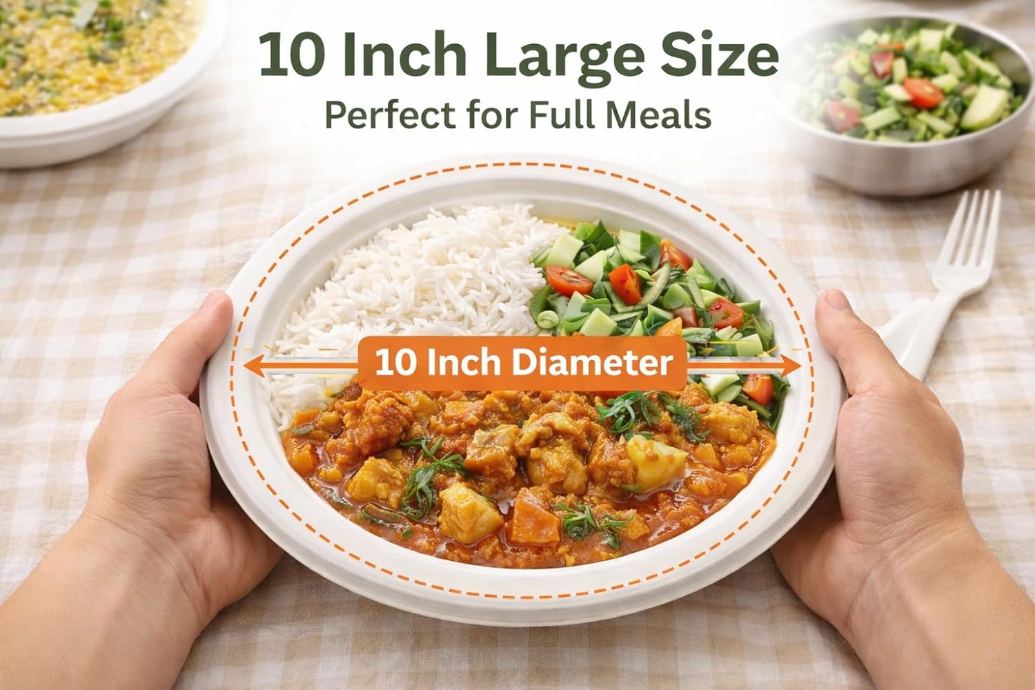 Compostable Plates 10 Inch round Heavy-Duty, 150 Count, 3X Stronger*, Microwave- & Freezer Safe, Soak-Proof, Biodegradable and Disposable Sugarcane Bagasse Plates