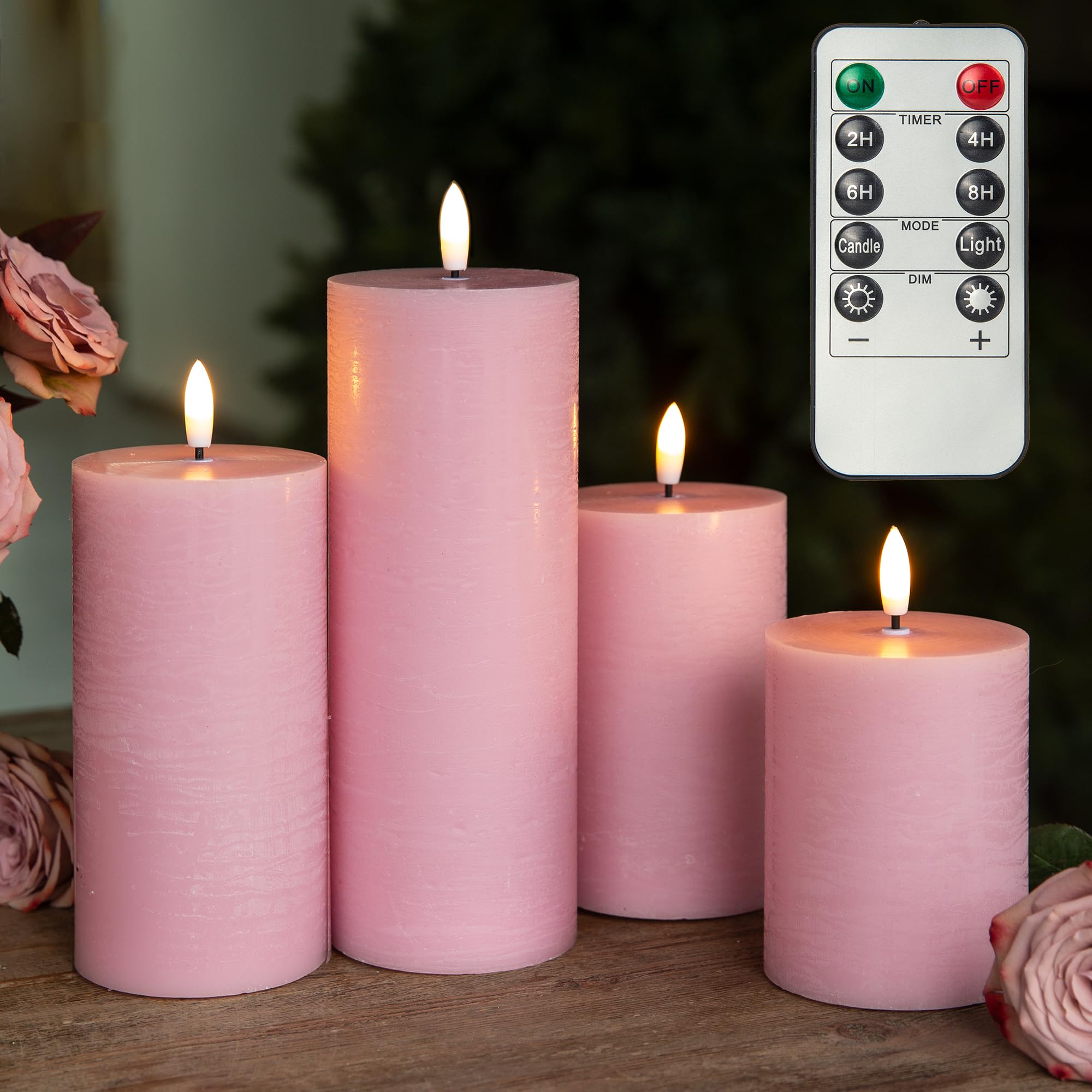 Photo 1 of LUSHARBOR Flameless Candles, 4 Pack Battery Operated Candles with Remote, Real Wax LED Fake Candles with Timer Flickering for Christmas Wedding Home Party D3 H 5" 6" 7" 9" Pink