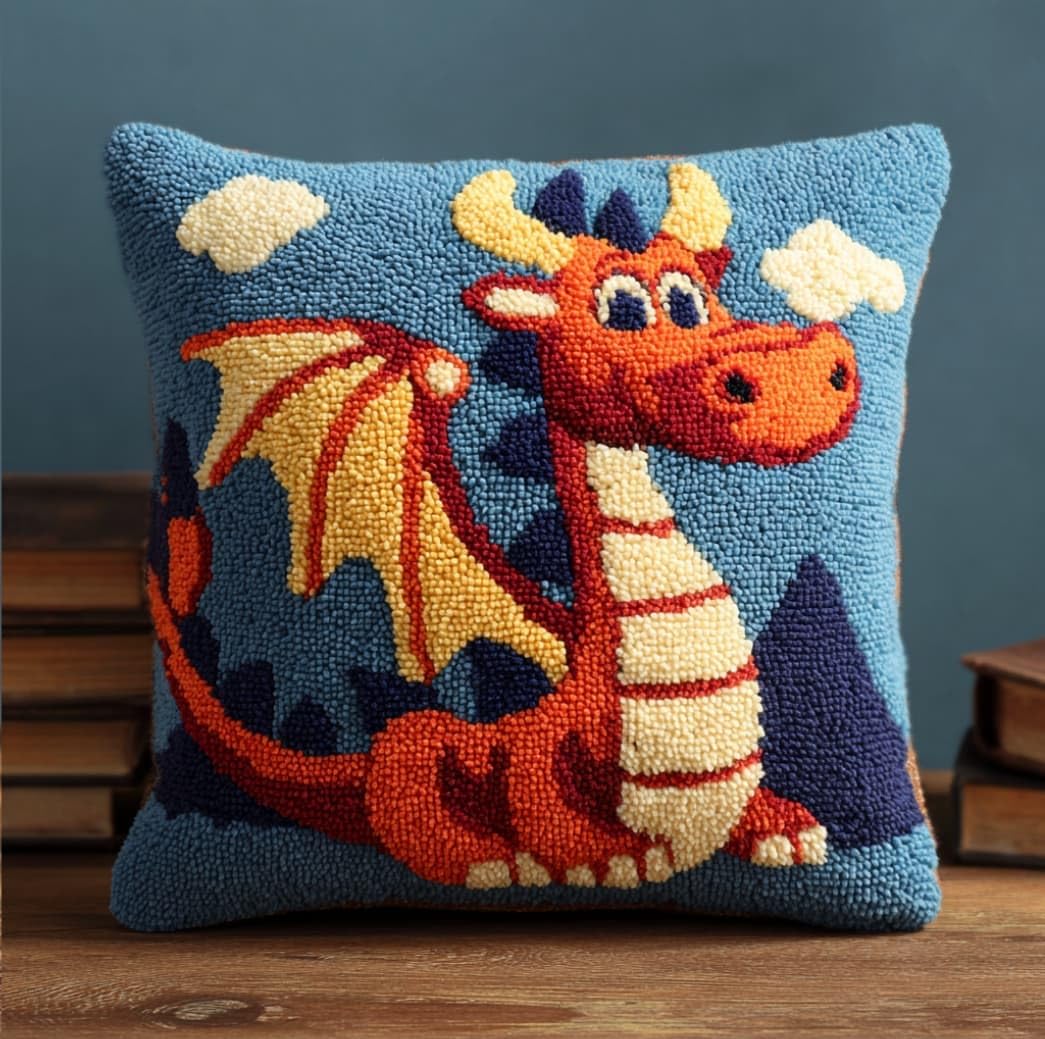 WallustrioaW Latch Hook Pillow Case Kits,Dinosaur 17X17 Inch Latch Hook Cushion Cover Kit,Knitting Kits Cushion for Adults Rug Making Kit for Starters