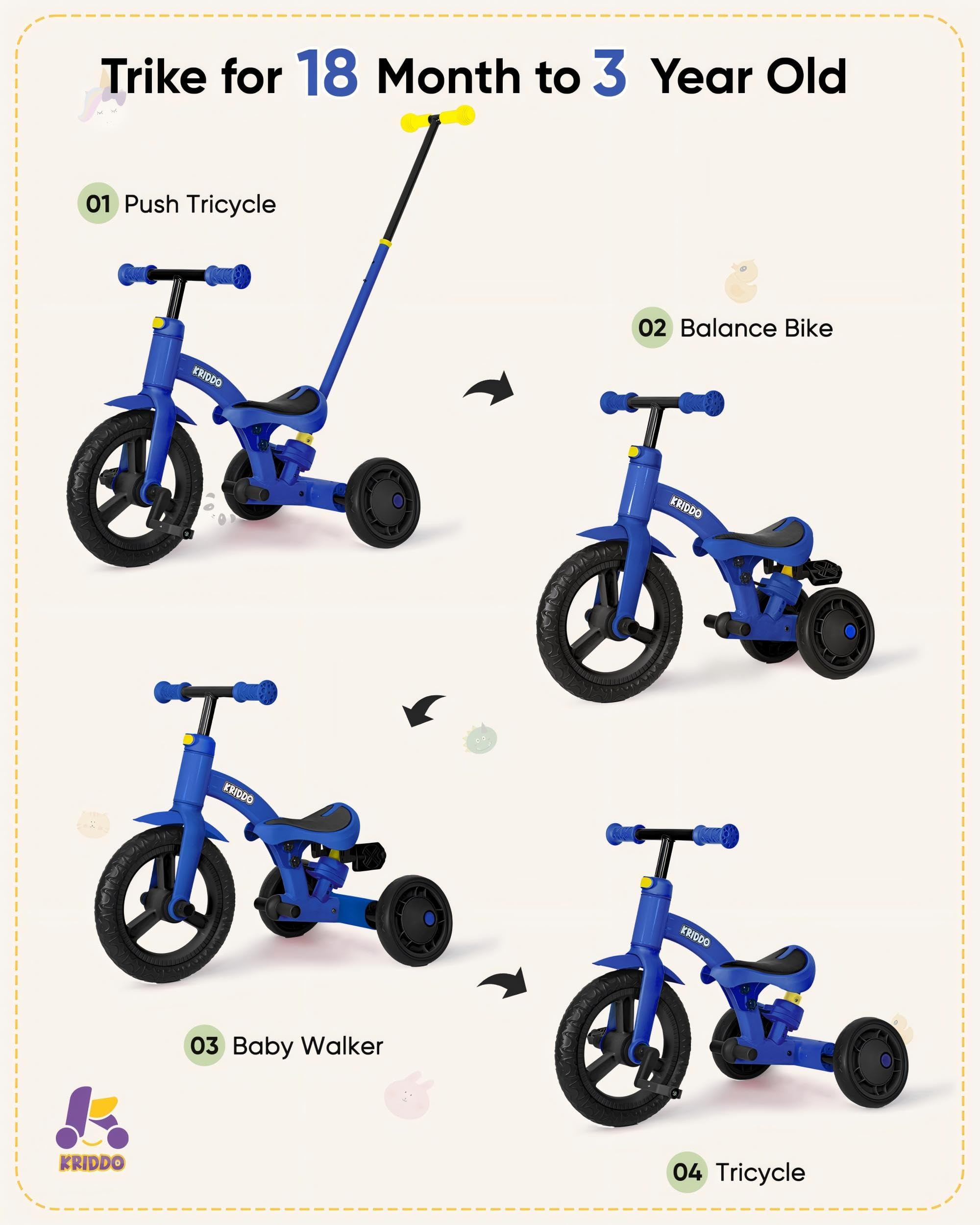 KRIDDO 4-in-1 Kids Tricycle for 1.5 to 3 Yea Old with Parent Steering Push Handle, 12 Inch Front Wheel Trike, Toddler Balance Bike for Boys Girls 18 Months to 3 Years, Adjustable Height, Blue