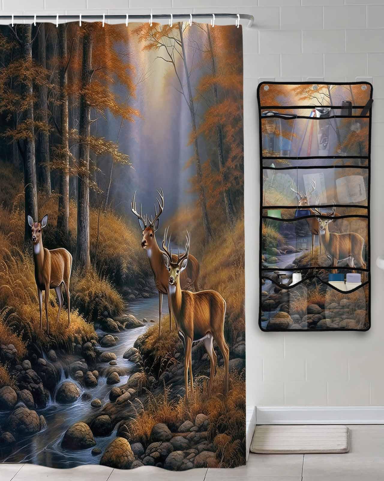Shower Curtain Mesh Shower Organizer Hanging Set Deer in Sunset Forest with Stream and Trees Waterproof Shower Curtains