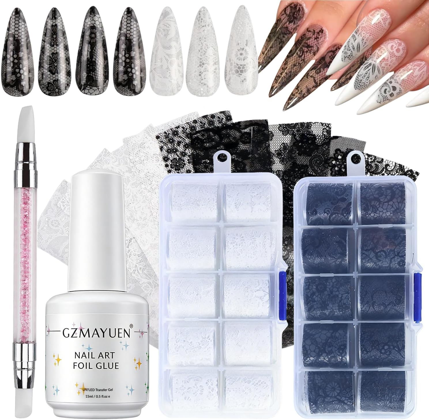Folia transferowa do paznokci Nail Foil Glue Gel lakier do paznokci z czarno-białą koronką Nail Foil zestaw naklejek na paznokcie zestaw 15 ml Nail Art folie transferowe żel