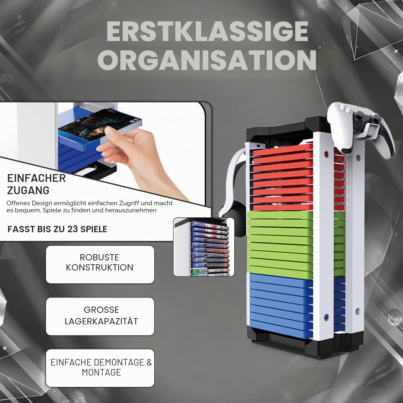 Spiele Storage Tower für PS5, Videospiel Storage Tower Game Holder Rack für PS5/PS4/PS3/Xbox Spiele mit 2 Hooks für Headset und Controller