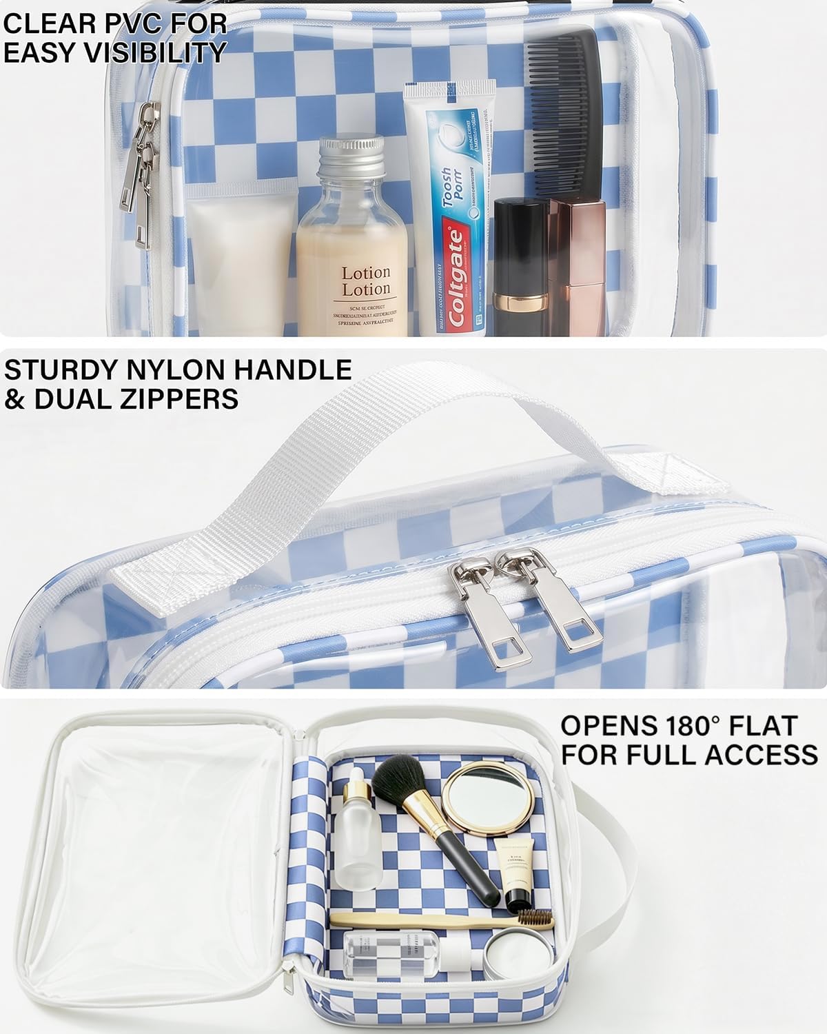 Large Blue White Checkered Sunscreen Bag Clear Makeup Toiletry Pouch Beach Vacation Essentials Travel Airport Airline Quart Size Travel Bags TSA Approved Toiletry Bag for Women Girls Summer Pool Gifts