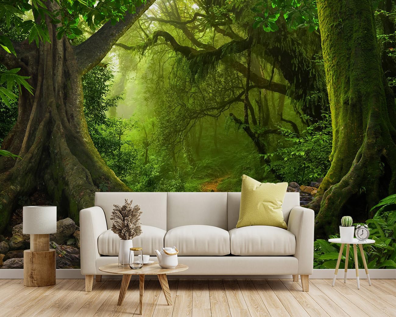 -Green Forest Landscapes Woodland Tree Fabric Wallpaper Living Room Bedroom Bathroom Flowing Jungle Wall Mural- 91"x65"（ not Peel and Stick）