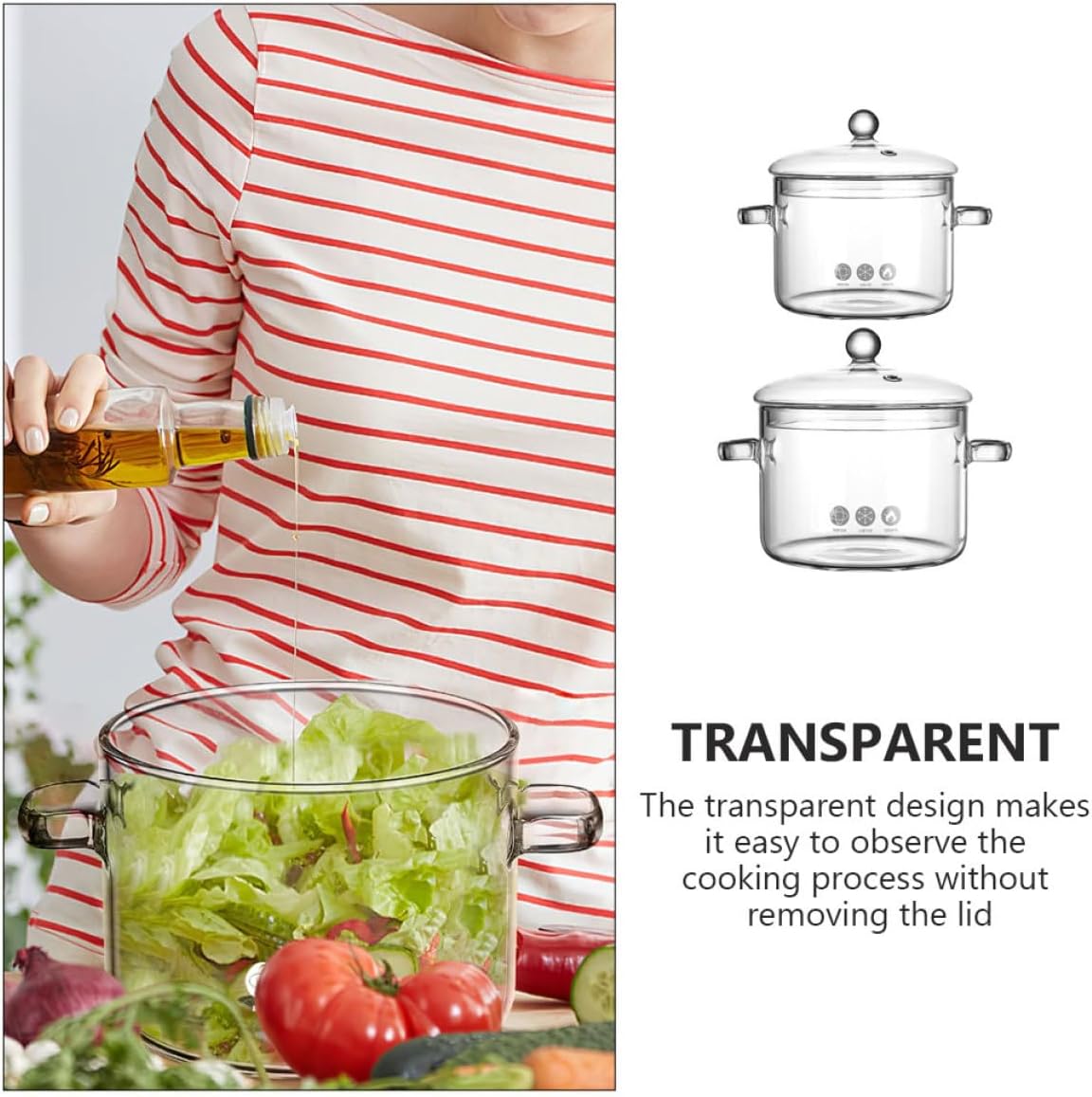 VALICLUD 2pcs Glass Cooking Pots with Lids, Dual-handle Soup and Stew Stockpots, 1350ml and 1500ml, Borosilicate Glass Cookware for Kitchen and Restaurant Use