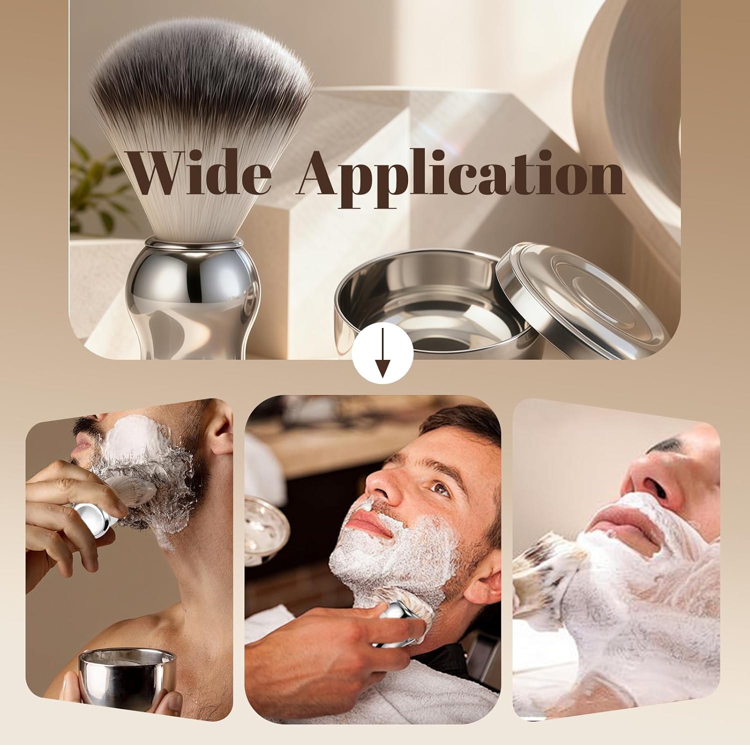 2Pcs Professional Shaving Brush and Bowl Kit for Men, Stainless Steel Shaving Bowl and Brush Set, Wide Mouth Soap Mug Bowl with Lid for Home Barber Shop
