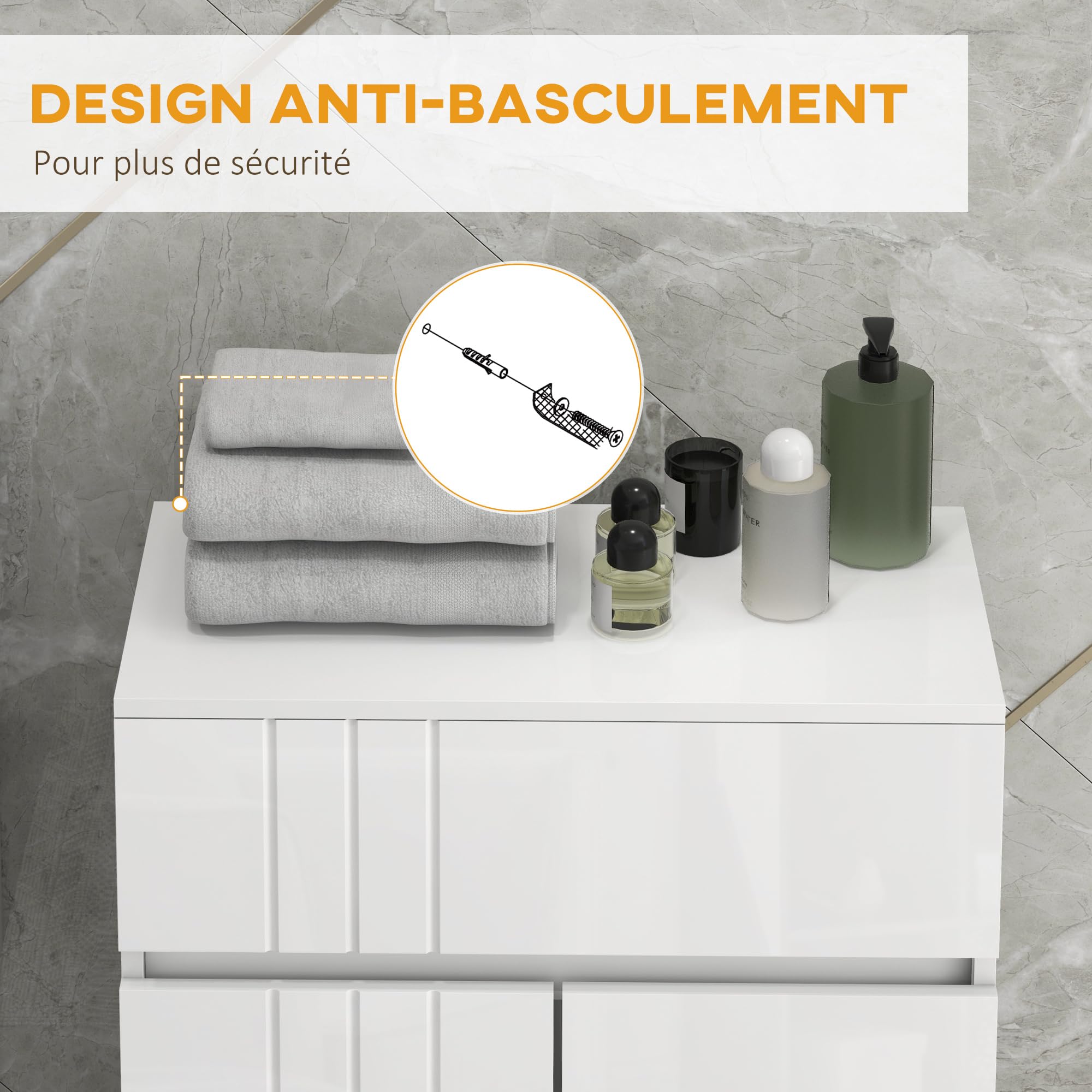 kleankin Meuble de Salle de Bain, 1 Tiroir, 2 Portes, 60 x 30 x 80 cm Blanc | Meuble de Rangement Sur Pied, Placard, Étagère Réglable, Finition Laquée
