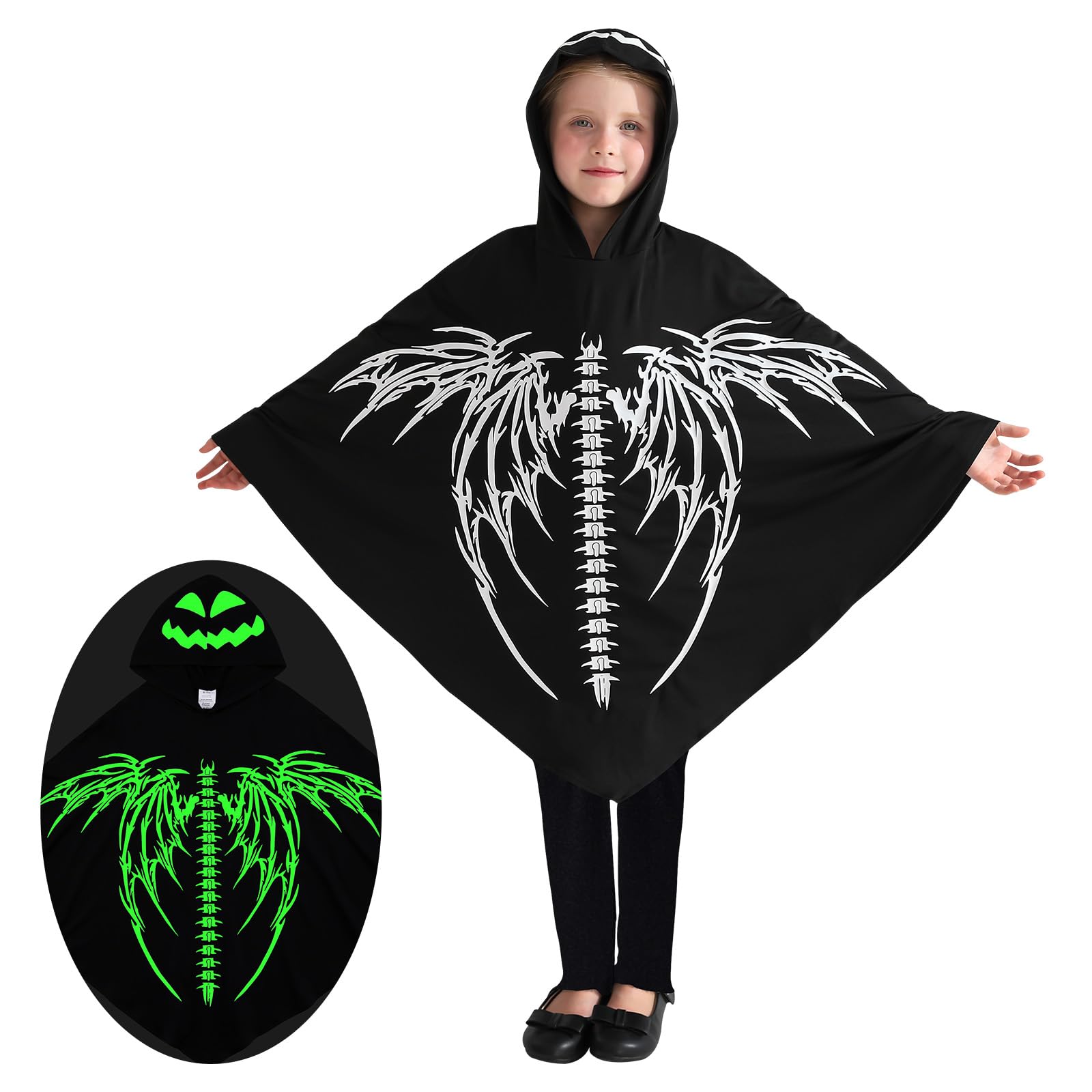 ESHOO Kids Halloween Skeleton Cloak Toddlers Glow in Dark Hooded Cloak Halloween Wings Poncho Cape Cosplay Role Play