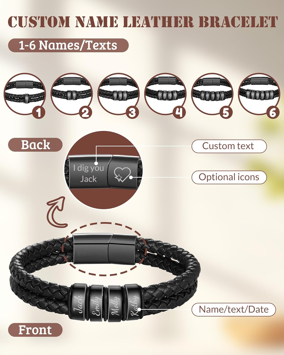 Custom Name Bracelet with 1-6 Names Personalized Braided Leather engraved Bracelets for Men Gifts for Christmas Valentines Day Fathers Day Birthday Anniversary Boyfriend Grandpa - Image 2