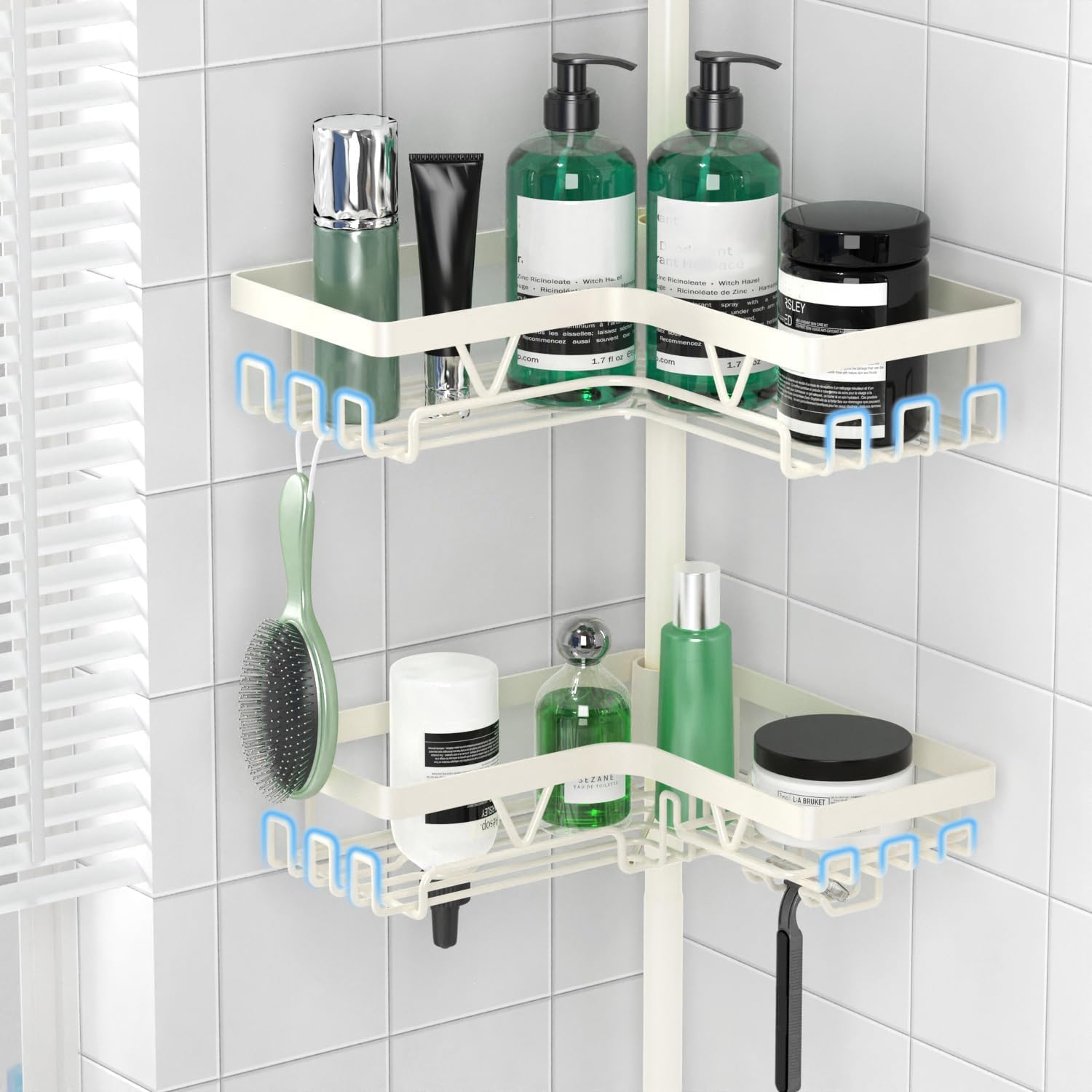 DAOYA Corner Shower Caddy Tension Pole, 4-Tier Adjustable Corner Shower Caddy with Soap Dish & Razor Holder, Stainless Steel Tension Pole Shelf Fits Bathtub & Floor 25-114.2 inches(Off-white)