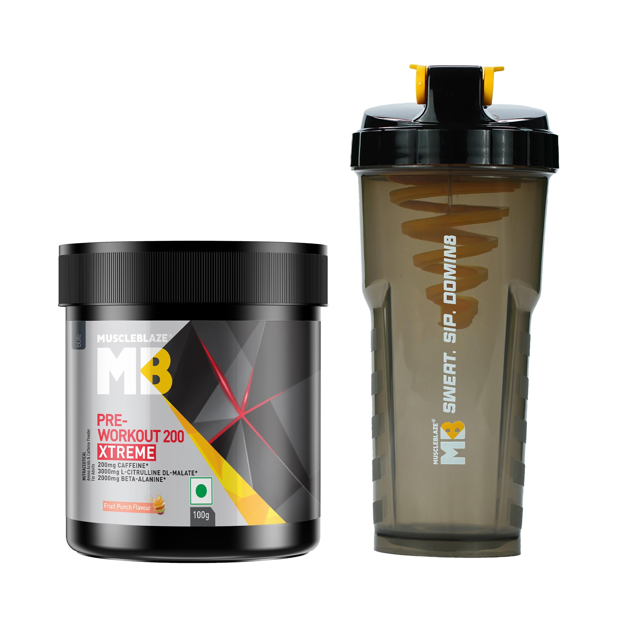 MuscleBlaze Pre Workout 200 Xtreme Powder, Fruit Punch (100g) + Cyclone Blender Gym Shaker (700ml)-image-19