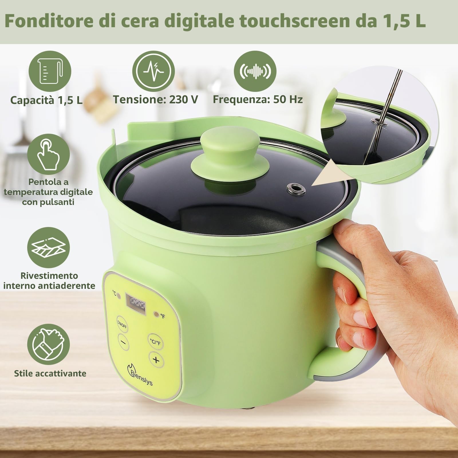 Bienslys Sciogliceera Elettrico 1,5L - Controllo temperatura 30-150°C - Rivestimento antiaderente - Beccuccio antigoccia - Per cera di soia, sapone e fai da te
