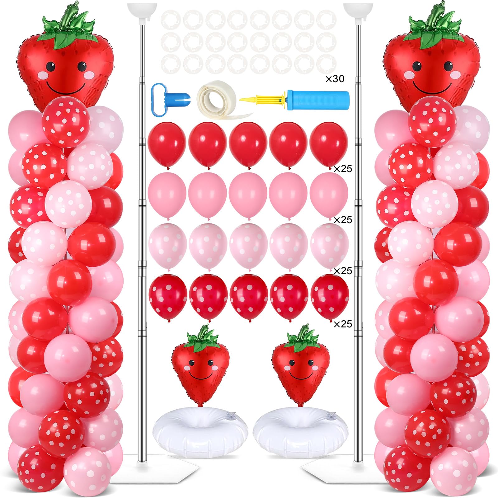 Photo 1 of 2 Sets Strawberry Party Balloon Column Stand Kit With 102 Sweet 1st Strawberry Foil Balloons 5.57Ft Adjustable Balloon Tower Stand With Base Adjustable Arch Column for Girl Birthday Baby Shower Supply
