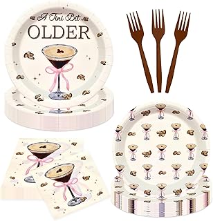 96 Pieces Coffee Martini Tableware Set Party Supplies – “A Tini Bit Older” Themed Disposable Dinnerware with Paper Plates, Napkins, and Forks for Adult Birthday Celebrations – Serves 24
