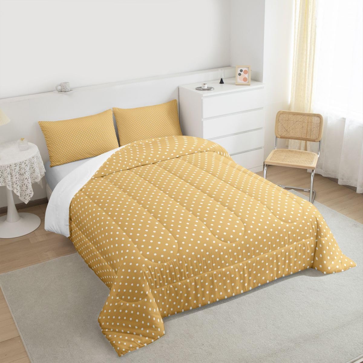 Erosebridal Dotted Yellow Comforter Set Queen Size White Polka Dot Down Comforter Bedroom Decor Geometric Bedding Set for Kids Boys Girls Teens Modern Pattern Printed Quilt Set