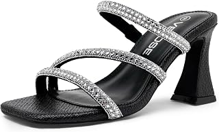 Vepose Women's Rhinestone Strappy Heeled Sandals, Chunky Block Heel | Dressy slip on heels with square open toe, 3.5 inch chunky heel, sparkly heeled sandals, and wedding party evening