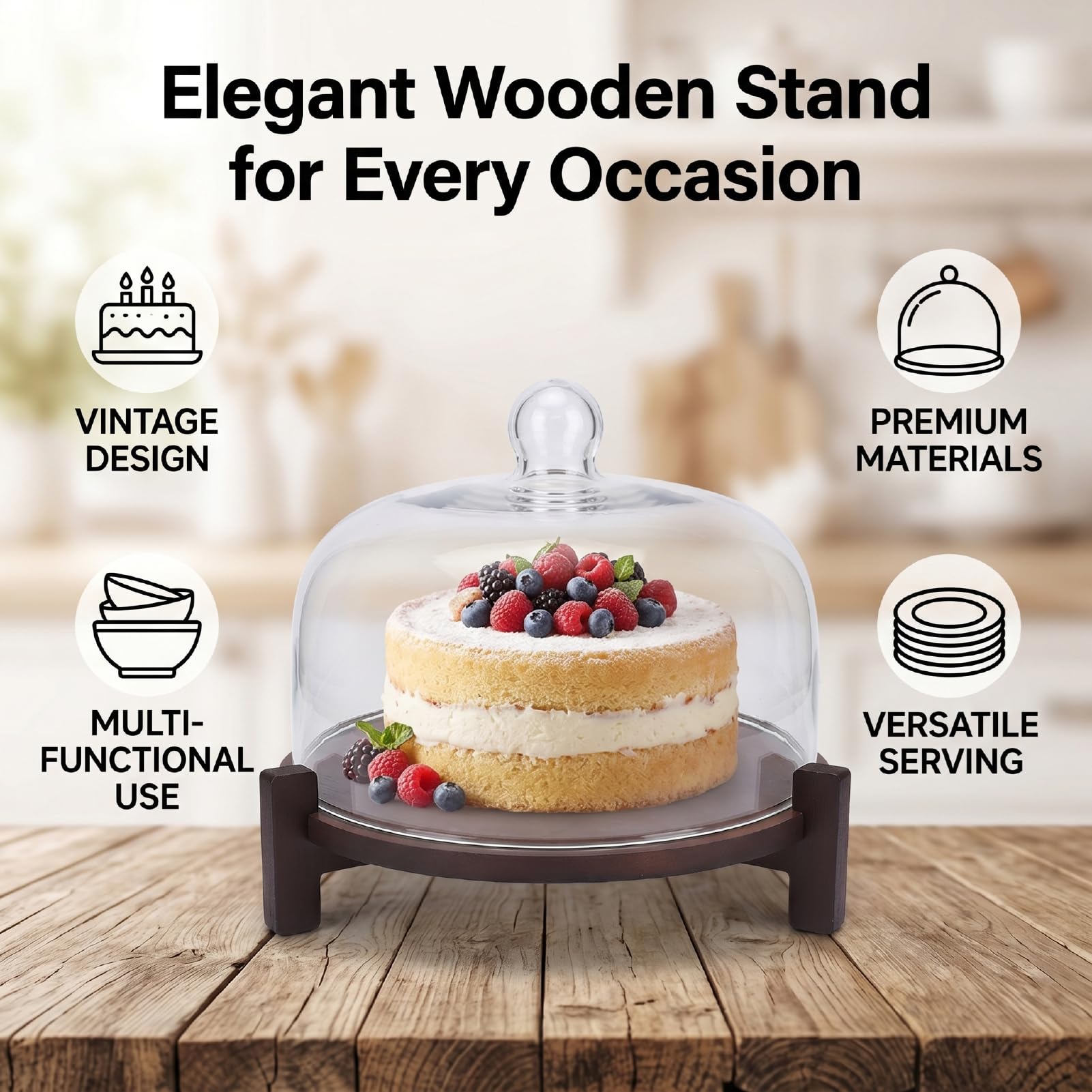 Pssopp Kuchenständer aus Holz mit Deckel, 27,9 Cm, Runder Kuchenständer, 2-in-1-Desserttisch-Präsentationssockel für Käsechips, Dips, Backen, Geburtstage, Küchenpartys, Hochzeiten