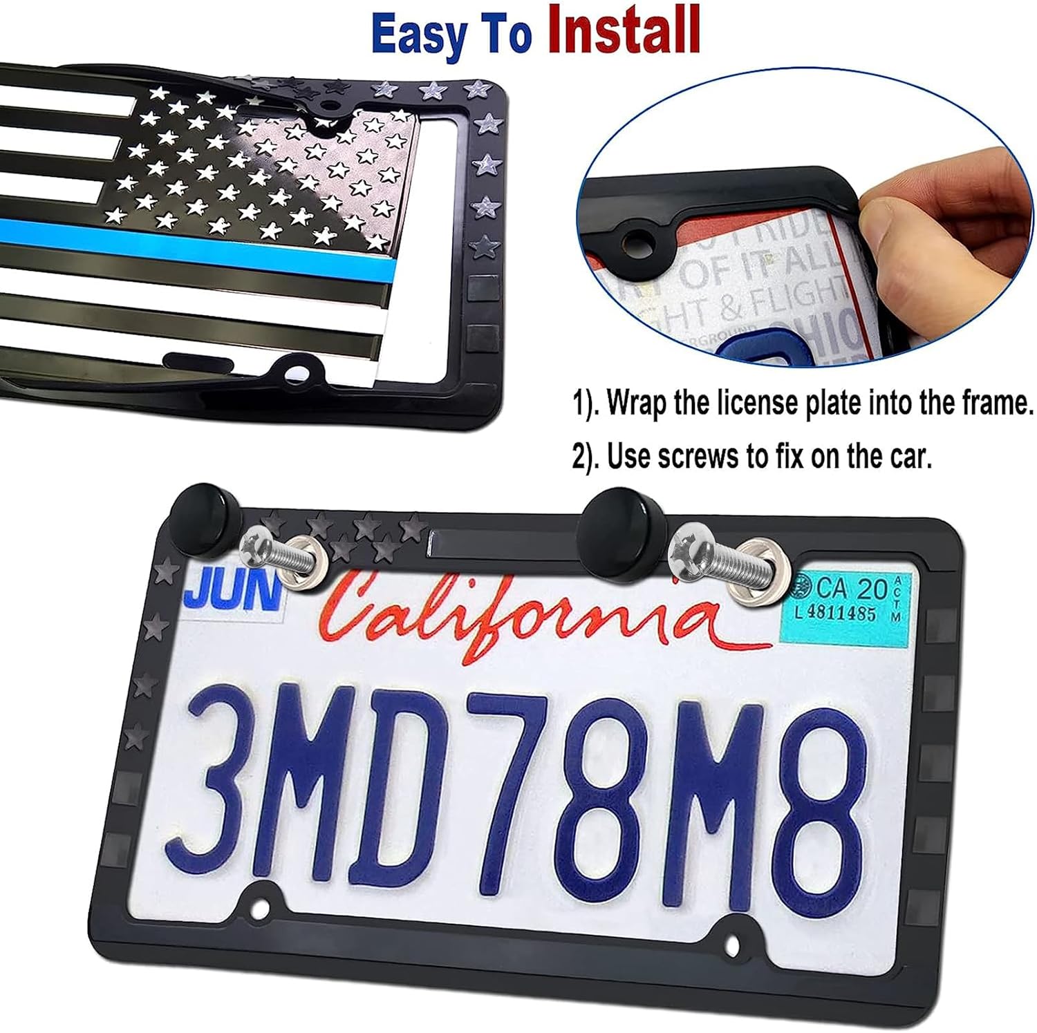 BGMVFK Silicone American Flag License Plate Frames- Patriotic Black Rubber USA Stars and Stripes Flag on Matte Black Holder Cover with Screws Caps, 2 Pack for Front and Rear Car Tags