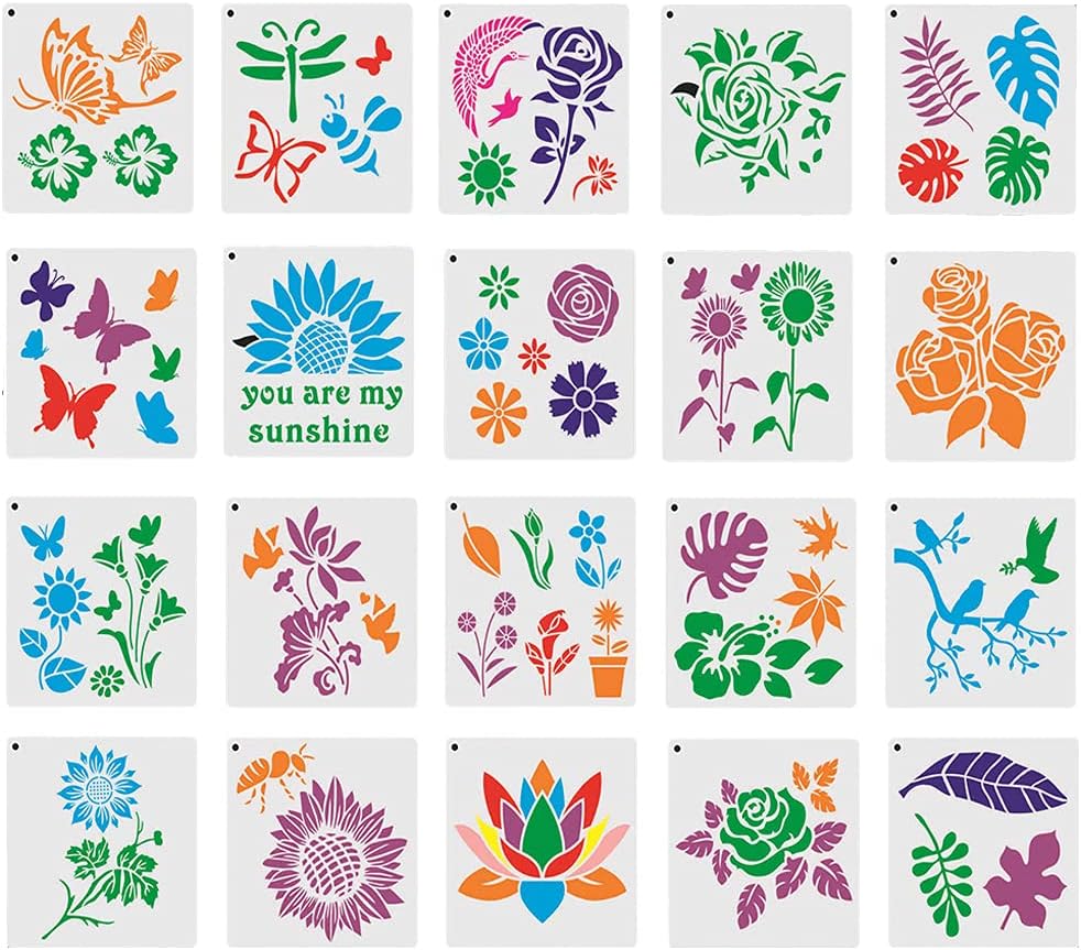 Gexo 20 Pieces Flower Stencils Butterfly Sunflower for Painting on Wood 5.9 Inch Reusable Spring Summer Birds Stencil Template Floral Leaf Rose Wall Home DIY Decor