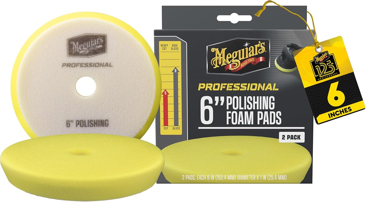 Meguiar's Professional Almohadilla de espuma para pulir de 6", paquete de 2 | Compuesto para frotar automóviles para eliminar rayones y remolinos pesados ​​mientras agrega brillo, seguro y efectivo en toda la pintura brillante del automóvil