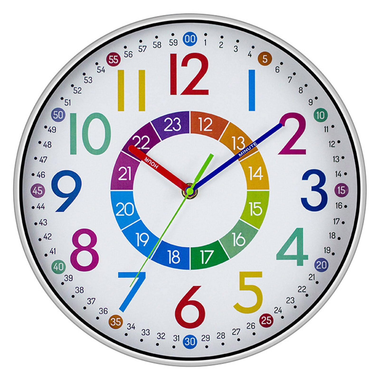 NCONCO Kids Wall Clock, Colorful Learn To Tell The Time Wall Clock, Silent Analogue Educational Time Teaching Wall Clock, 12 inch Decorative Wall Clock for Classroom,Bedroom,Living Room,Nursery