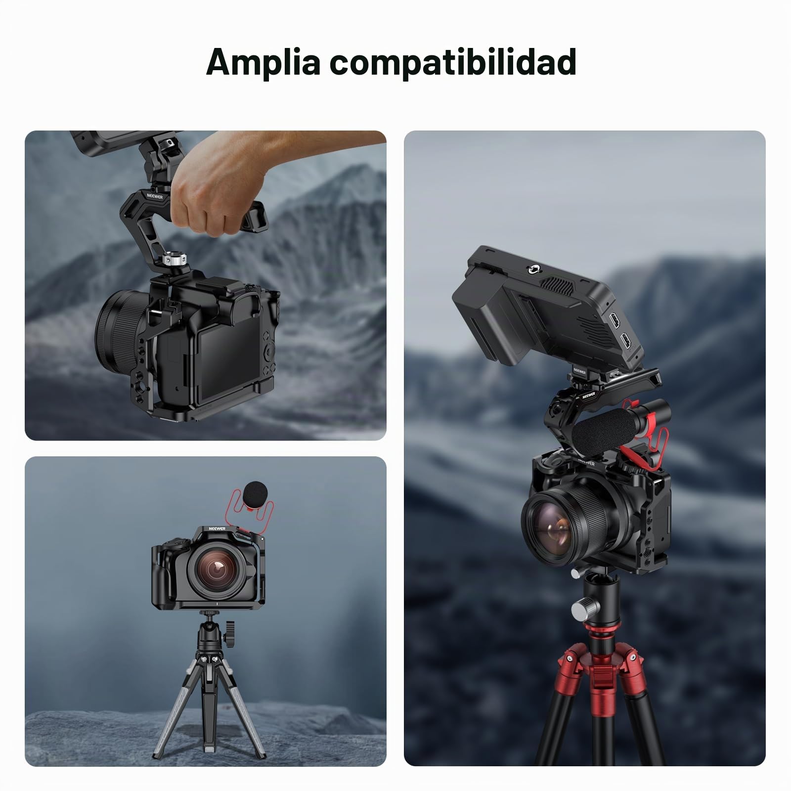NEEWER R50 Cage Jaula de Cámara Compatible con Canon EOS R50, Video Rig de Aluminio con NATO Rail, 1/4" Roscas, 3/8" Orificios ARRI, Zapata Fría, Compatible con dji Gimbals Arca Type QR System, CA031