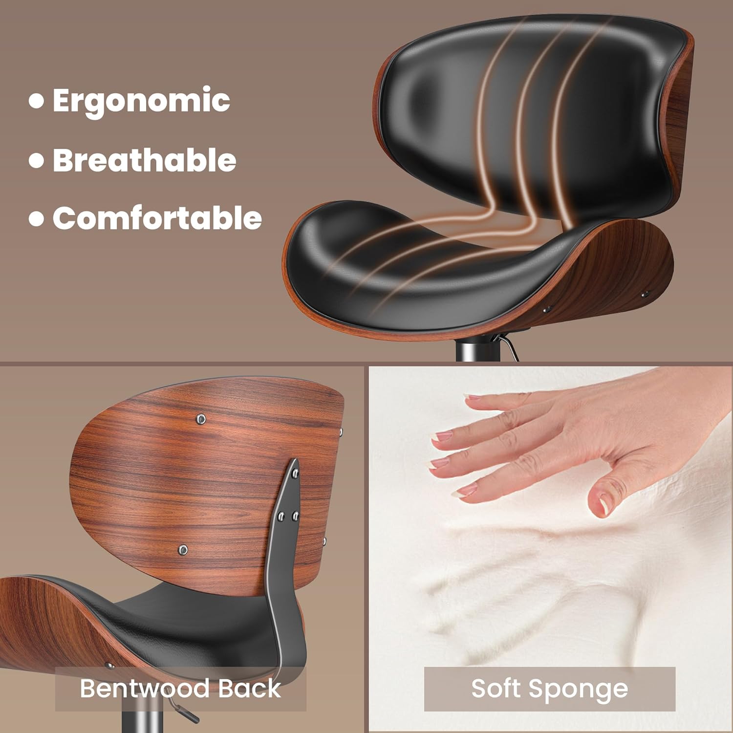 Bar Stools Set of 2, Bar Stools for Kitchen Island with Bentwood Back and Leather Seat, Swivel Barstools for Kitchen Counter, Bar, Black