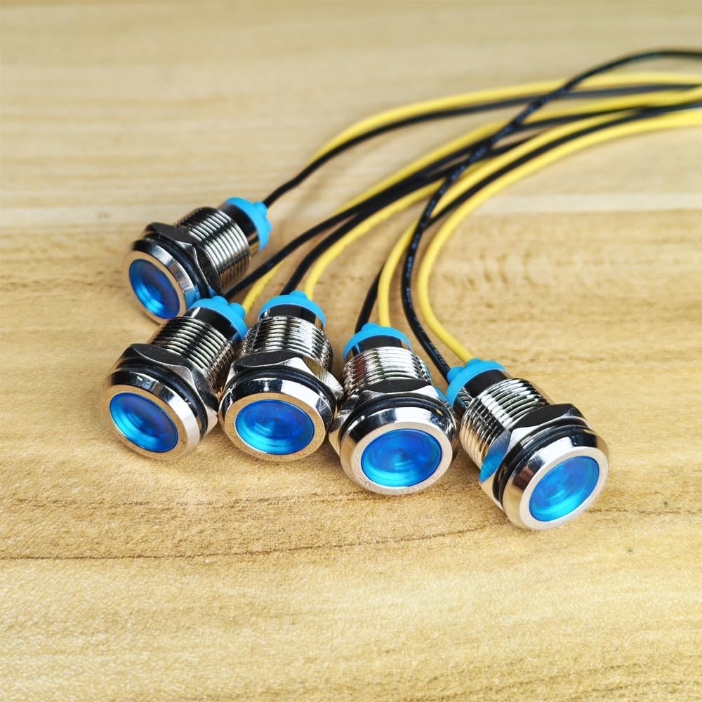 Close-up of five Gebildet 12mm LED indicator lights showing their pre-wired connections