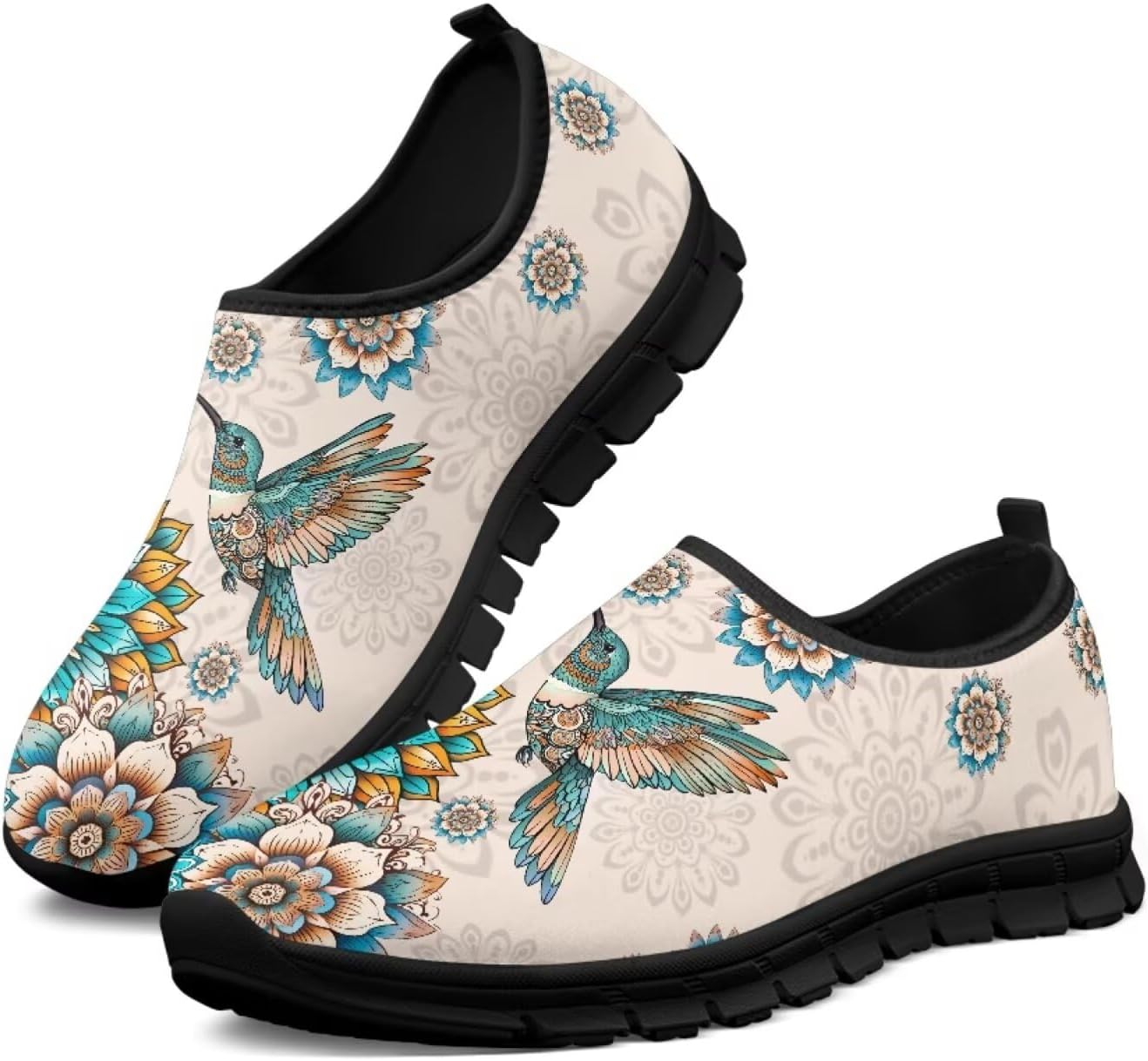 Hummingbirds Print Soft Loafers for Women Casual Trekking Mesh Shoes Non-Slip Walking Flat Shoes for All Seasons