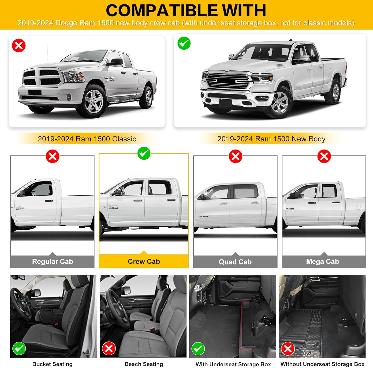 Floor Mats for 2019-2024 Dodge Ram 1500 Crew Cab New Body (Not Fit Classic) 2nd with Rear Under-Seat Storage Box Bucket Seat, All-Weather Floor Liners 1st & 2nd Row Full Set - Image 2