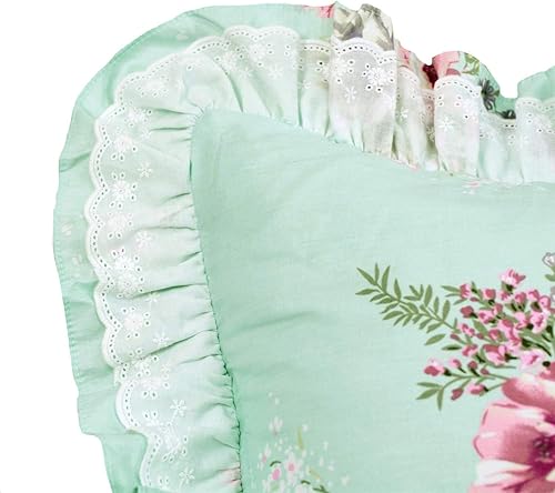 Miniatura 5 de FADFAY Juego de funda de edredón floral 100% algodón con volantes y encaje de princesa para niñas, con falda de cama, 4 piezas, color verde, tamaño