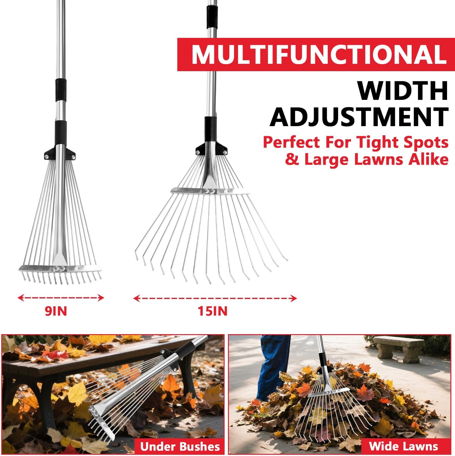 Leaf Rake Adjustable 23-75, Collapsible Metal Stainless Steel Garden Yard image 4