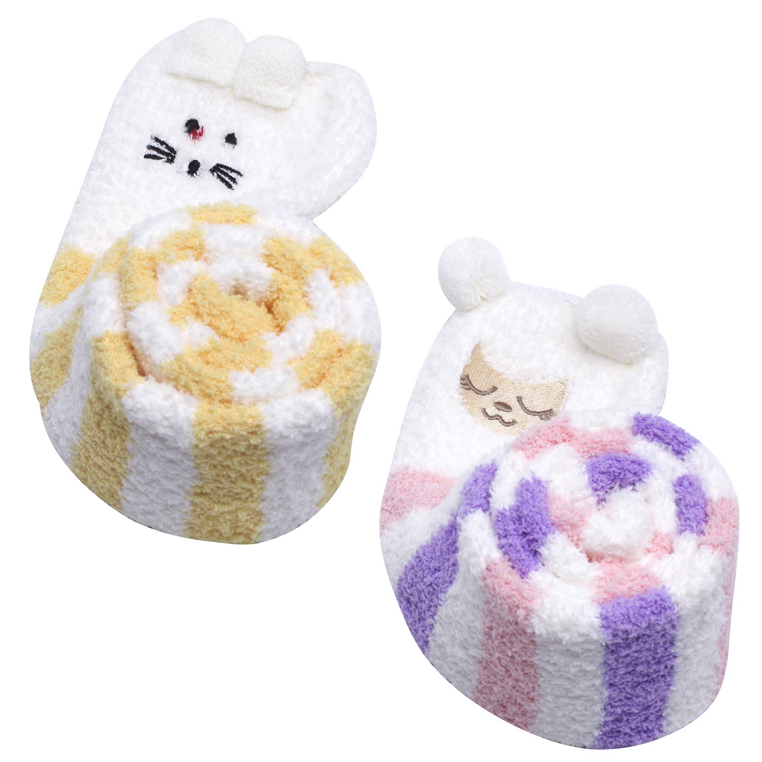 LittleForBig Cute Animal Coral Fleece Thigh High Long Striped Socks 2 Pairs-Purple/Yellow