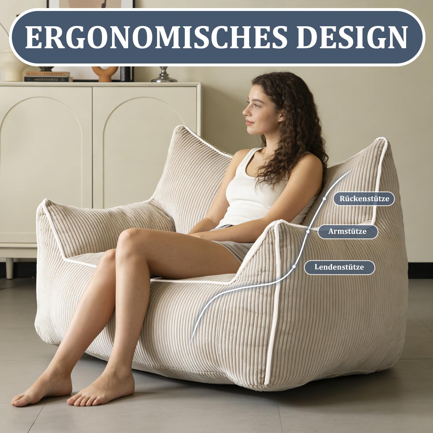 Sitzsack Cord mit Rückenlehne, Sitzsack Erwachsene mit Füllung, Großer Bean Bag aus Kunstfell, Bequemer Lounge-Sessel mit Hochdichtem Schaumstoff, Schlafzimmer & Wohnzimmer, Beige