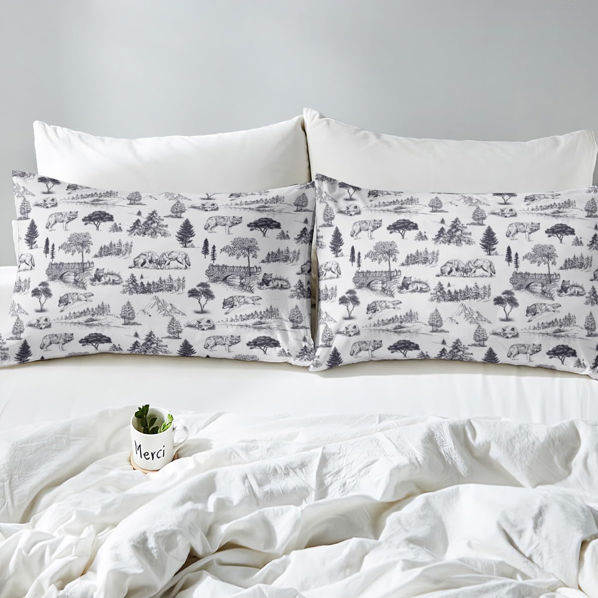 jejeloiu Kids Wolf Bedding Set Toddler Size Animal Wolves Bedding Duvet Cover Set for Boys Teens Decor Botanical Tree Comforter Cover Set Mountain Grey White Bedspread Cover 2Pcs,No Comforter