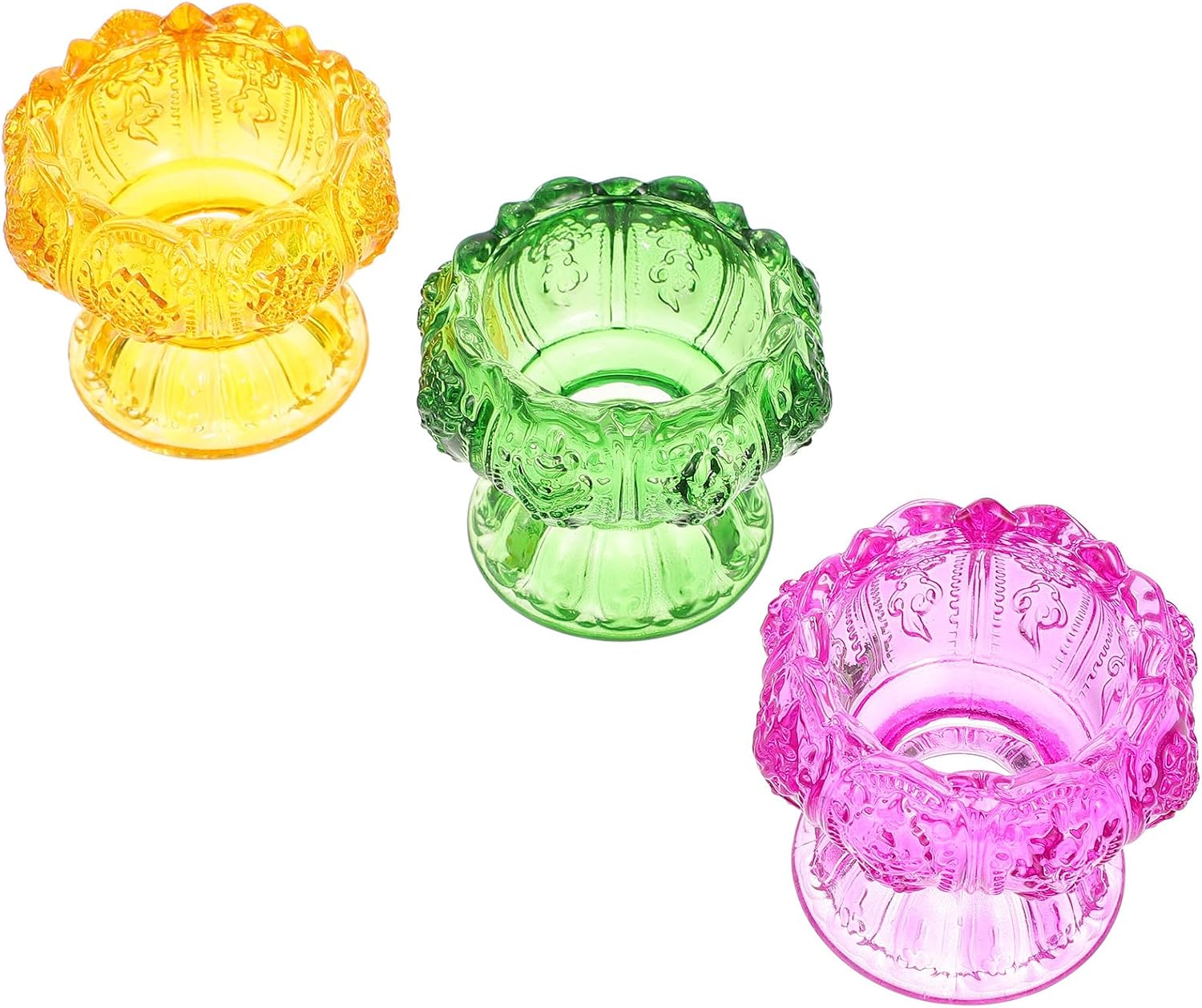 GLEAVI Glass Candleholder Set 3pcs Religious Style Crystal Glass Candle Holders Small Yellow Purple Green Tea Light Candle Holder for Home Decor and Spiritual Use