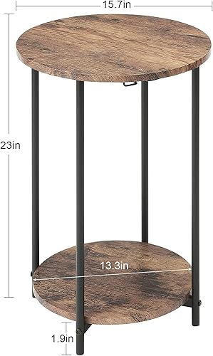Miniatura 2 de VECELO Mesa auxiliar redonda de 2 niveles con estante de almacenamiento, fácil montaje, mesita de noche, muebles de acento industrial para marco,